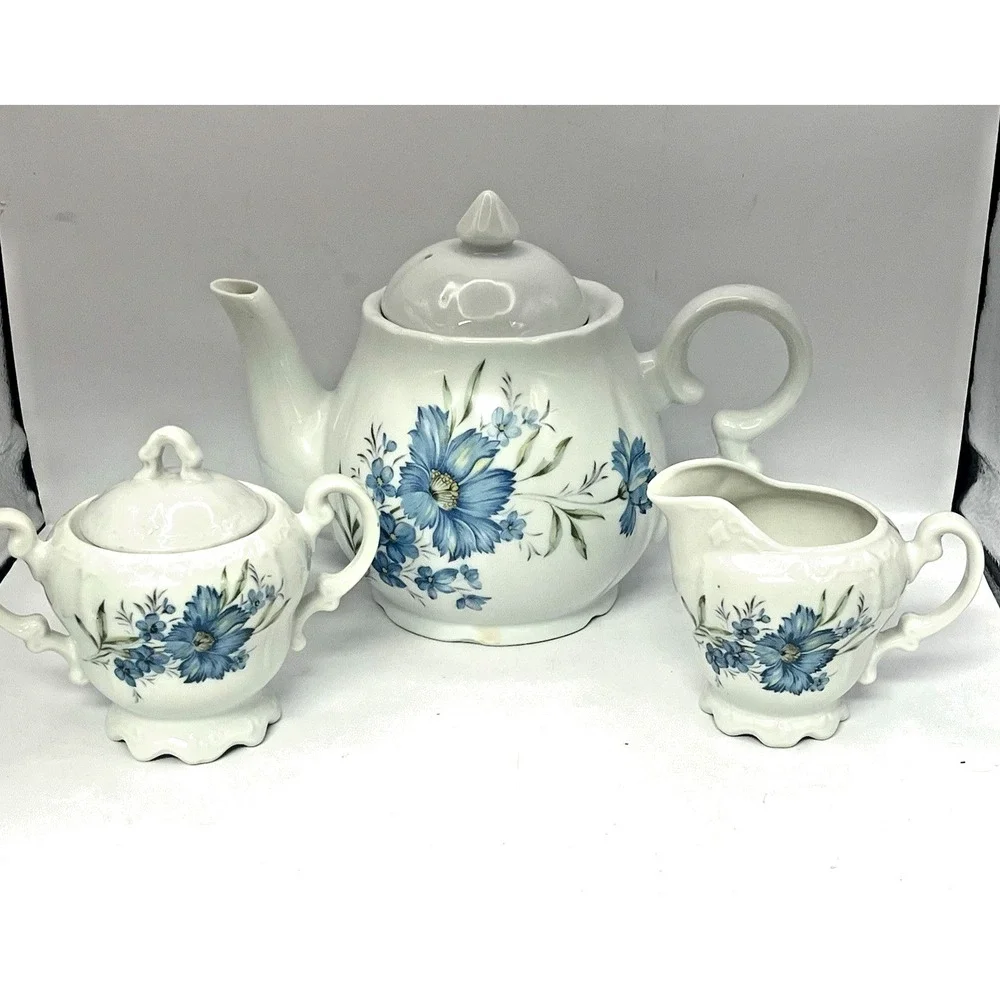 Vintage White Ceramic Teapot Blue Floral Cornflower Design Scalloped Rim
